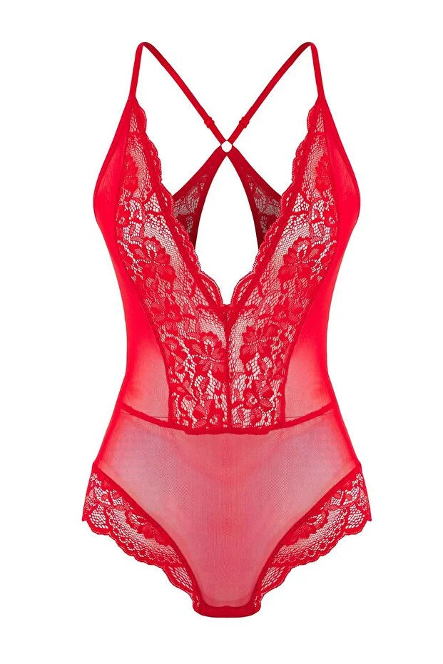 Red Tulle Lace Detailed Unlined Knit Bodysuit