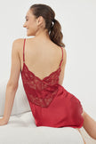 Burgundy Lace Back Rope Strap Satin Woven Nightgown