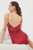 Burgundy Lace Back Rope Strap Satin Woven Nightgown
