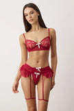 Burgundy Ribbon Detailed Ruffled Leg Band Lace Fantasy Lingerie Set