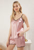 Pink Slogan Embroidered Piping Sleep Band Satin Shorts Woven Pajama Set
