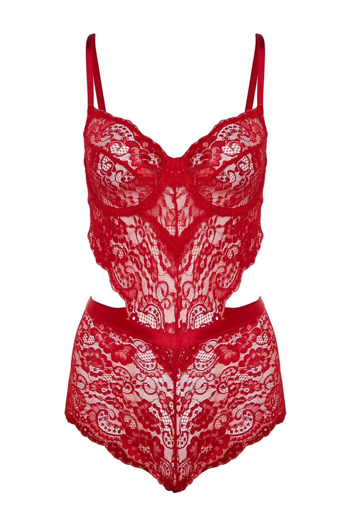 Dark Red Lace Window/Cut Out Detailed Rope Strap Snap Knitted Bodysuit