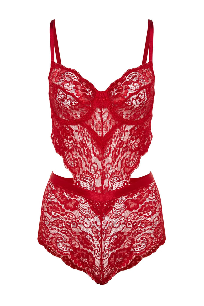 Dark Red Lace Window/Cut Out Detailed Rope Strap Snap Knitted Bodysuit