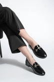 Women's Genuine Leather Chain Loafer Shoes Tanle - Black Patent Leather