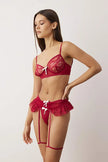 Burgundy Ribbon Detailed Ruffled Leg Band Lace Fantasy Lingerie Set