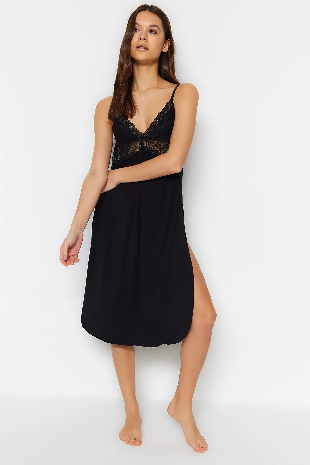Black Lace Back and Slit Detailed Rope Strap Knitted Nightgown