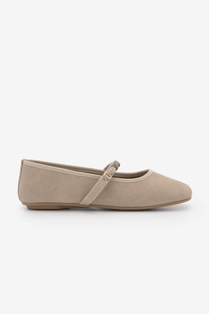 BELRIS Beige Suede Embellished Square-Toe Women's Ballet Flats