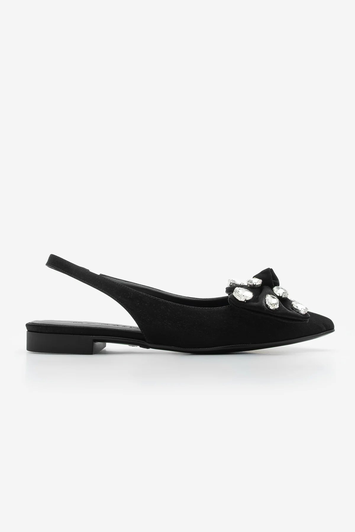 Women Pointed Toe Bowknot Stoned Ballerinas Lispen - Black Satin