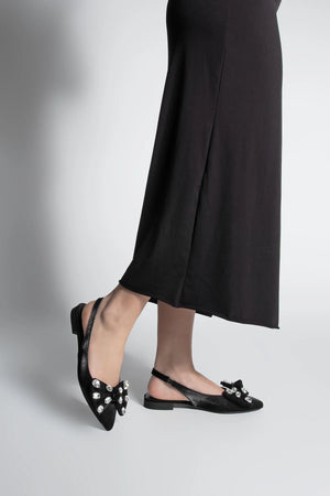 Women Pointed Toe Bowknot Stoned Ballerinas Lispen - Black Satin