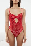 Red Lace Cut-Out Detail Knit Bodysuit with Snaps