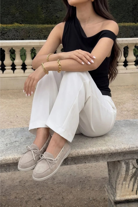 NIFIDA Beige Suede Bow Detail Genuine Leather Women’s Loafer Shoes