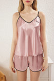Pink Slogan Embroidered Piping Sleep Band Satin Shorts Woven Pajama Set