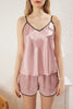Pink Slogan Embroidered Piping Sleep Band Satin Shorts Woven Pajama Set