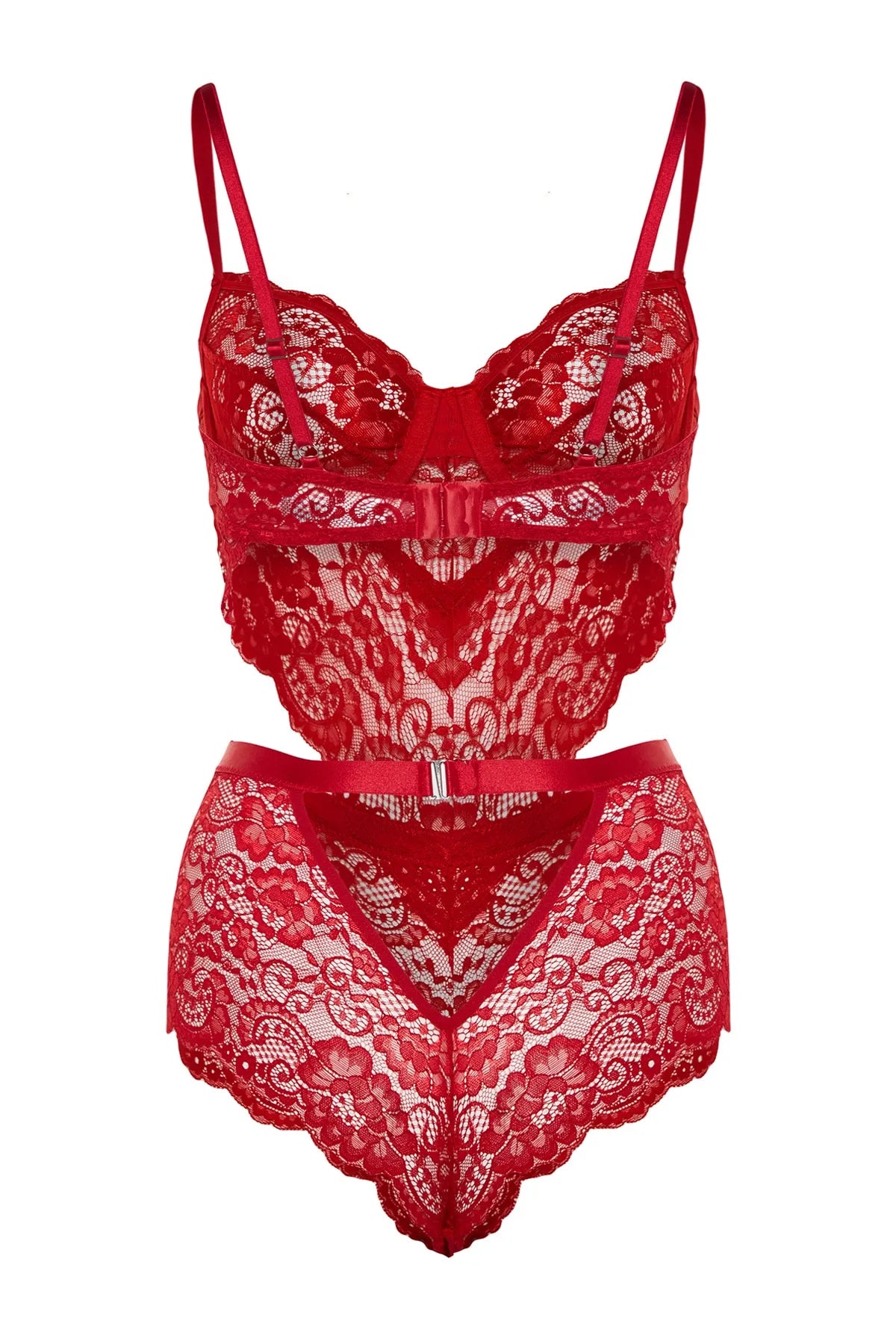 Dark Red Lace Window/Cut Out Detailed Rope Strap Snap Knitted Bodysuit