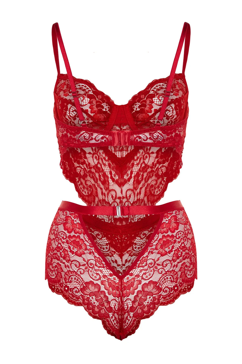 Dark Red Lace Window/Cut Out Detailed Rope Strap Snap Knitted Bodysuit