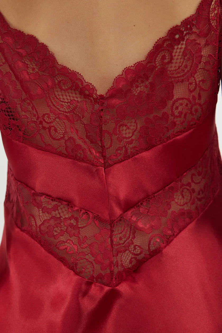 Burgundy Lace Back Rope Strap Satin Woven Nightgown