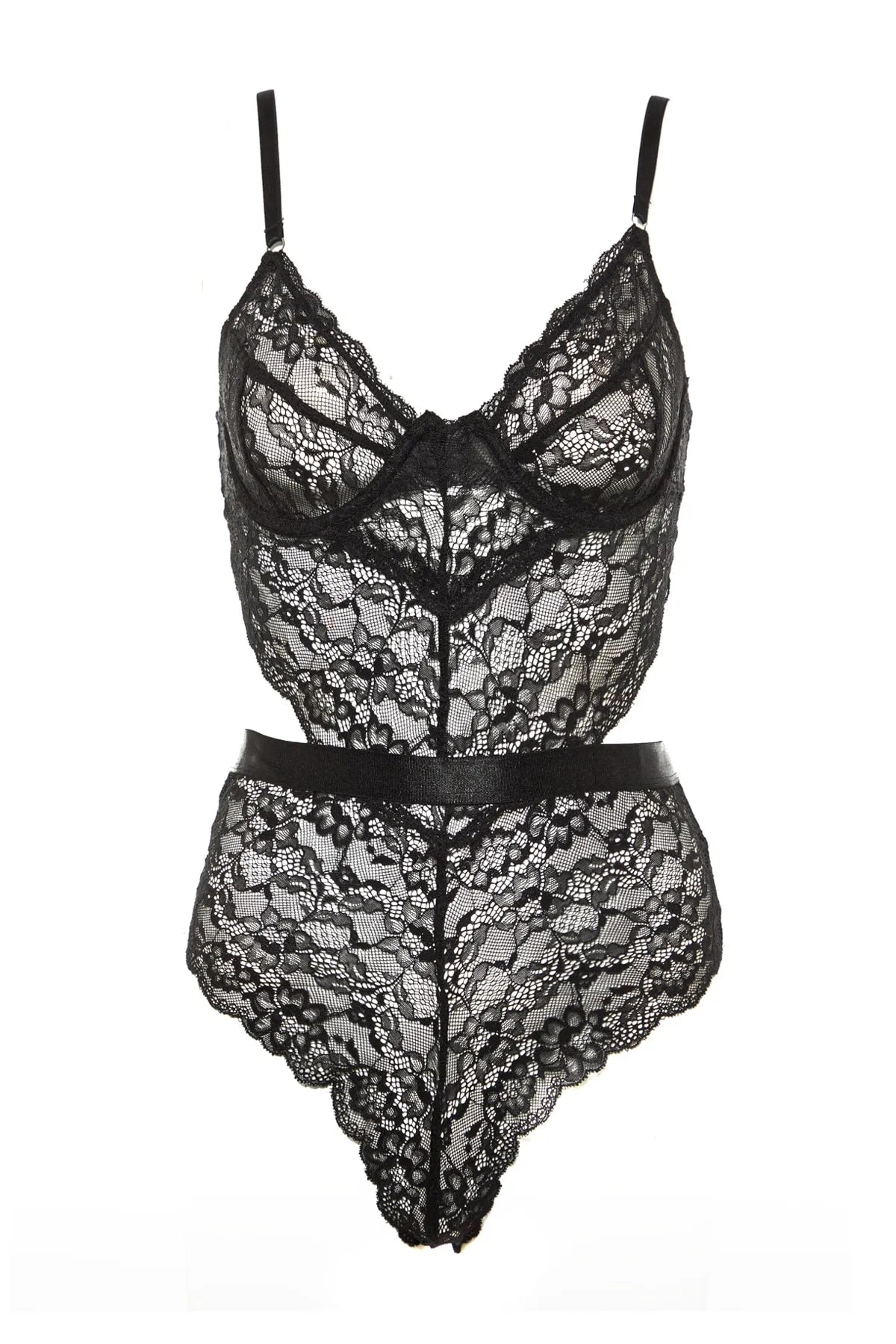 Black Lace Window/Cut Out Detailed Rope Strap Snap Knitted Bodysuit