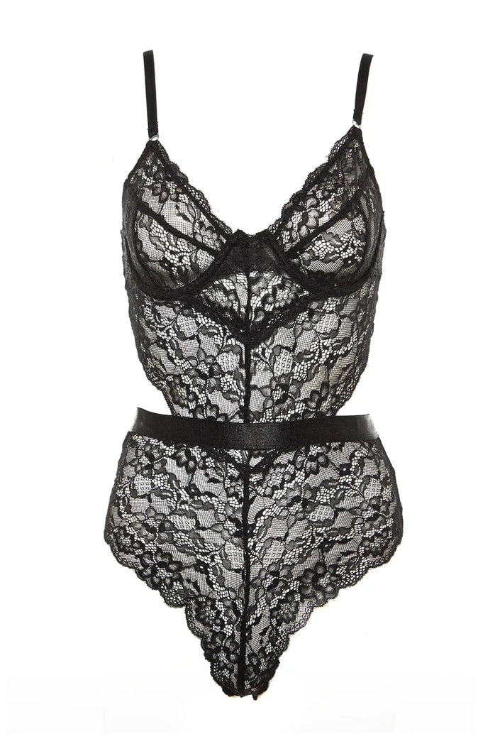 Black Lace Window/Cut Out Detailed Rope Strap Snap Knitted Bodysuit