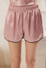 Pink Slogan Embroidered Piping Sleep Band Satin Shorts Woven Pajama Set