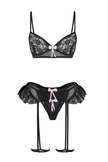 Black Ribbon Detailed Ruffled Leg Band Lace Lingerie Set