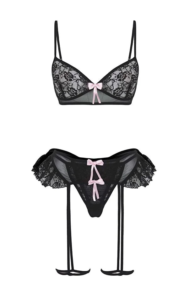 Black Ribbon Detailed Ruffled Leg Band Lace Lingerie Set