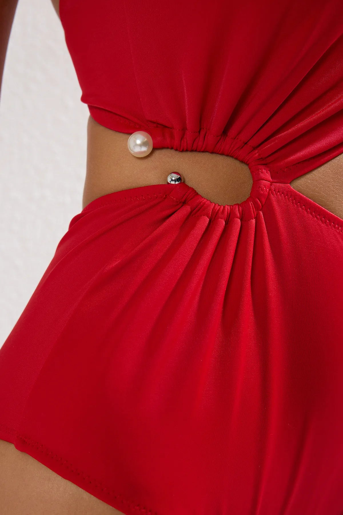 Red One Shoulder Accessorized Brazilian Swimsuit