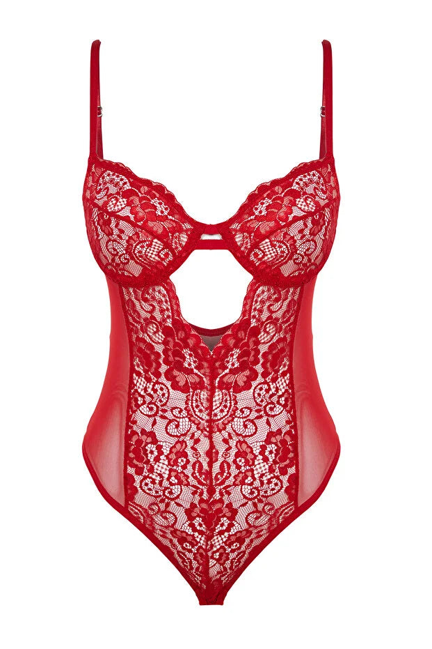 Red Lace Cut-Out Detail Knit Bodysuit with Snaps