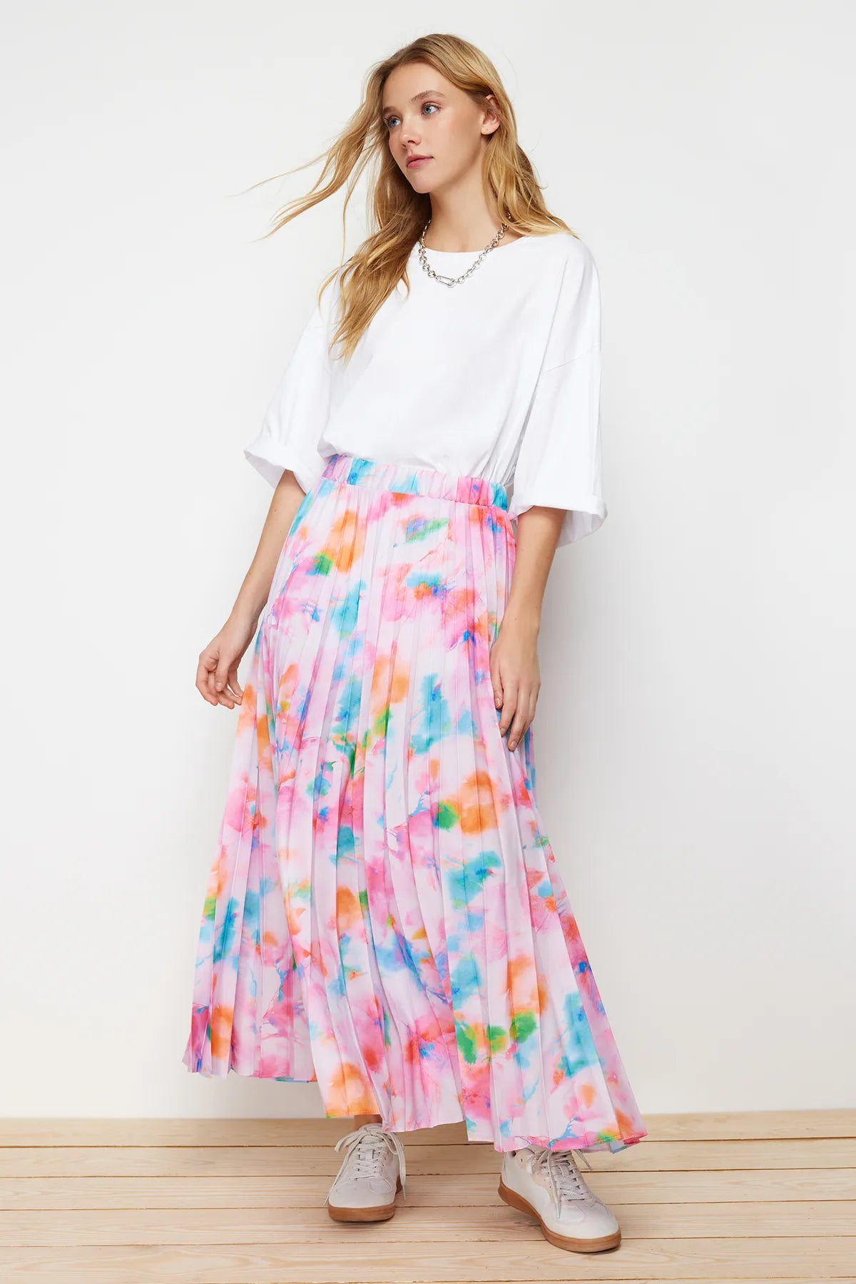 Lilac Floral Patterned Pleated Elastic Waist Woven Skirt