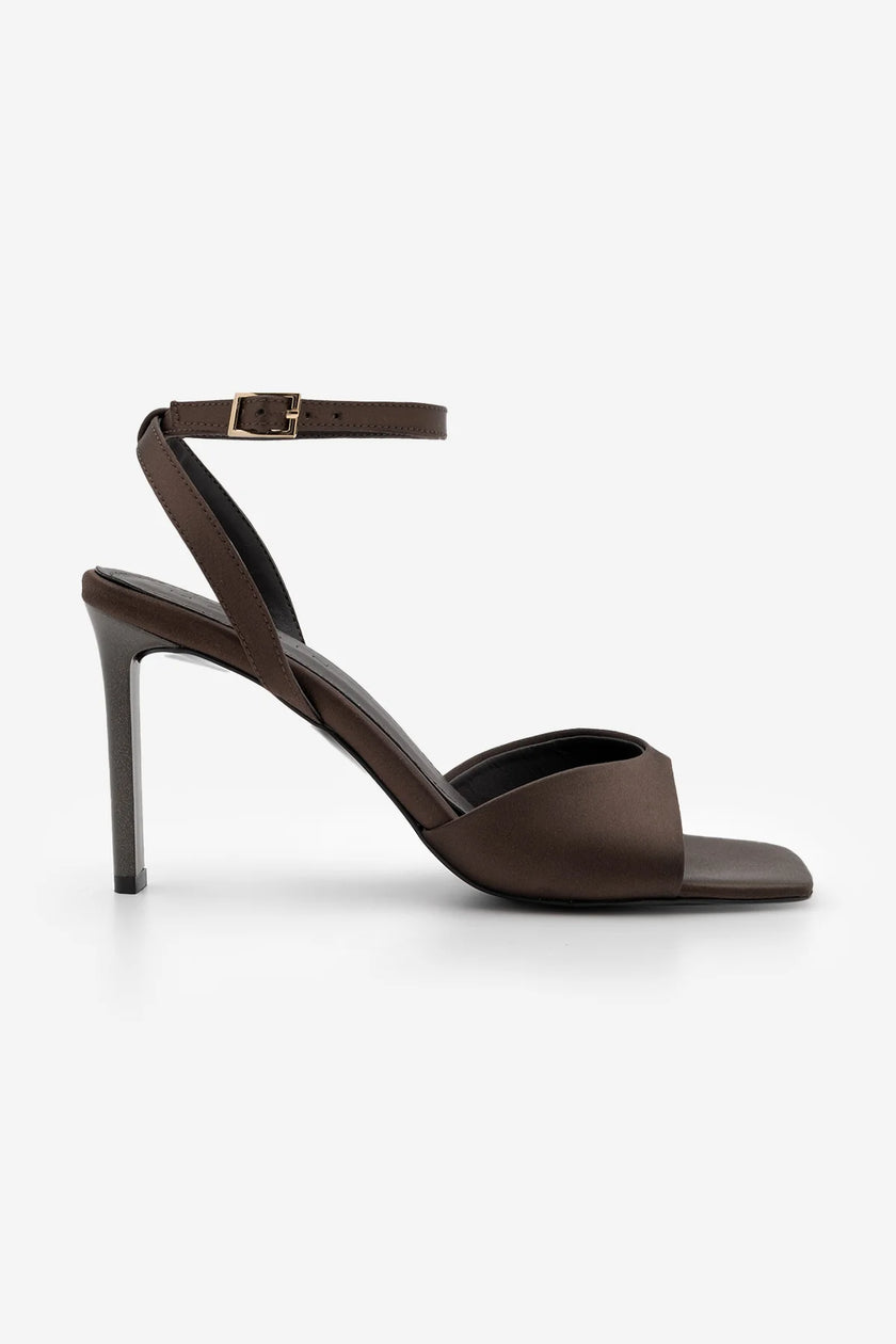 Vados Coffee Satin Women’s Square Toe Heeled Sandals