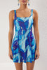 Abstract Patterned Square Neck Skirted Swimsuit