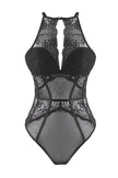 Black Covered Knit Bodysuit with Lace Piping Detail