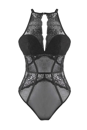 Black Covered Knit Bodysuit with Lace Piping Detail
