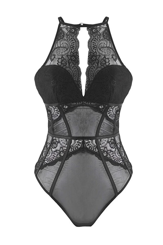 Black Covered Knit Bodysuit with Lace Piping Detail