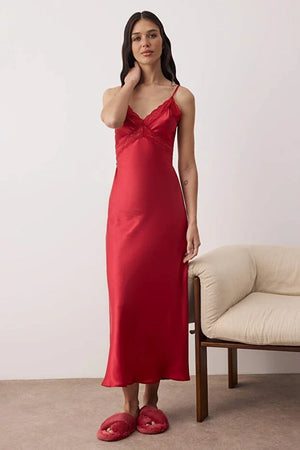 Burgundy Lace Back Detailed Satin Woven Nightgown with Rope Straps