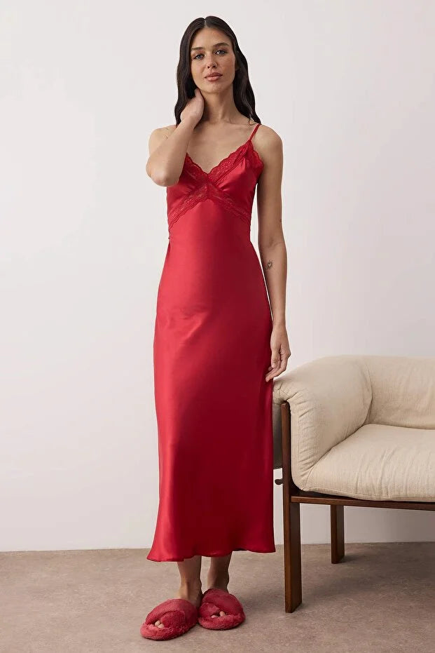 Burgundy Lace Back Detailed Satin Woven Nightgown with Rope Straps