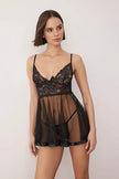 Black Tulle-Striped Plain Uncapped Babydoll