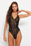 Black Lace Rope Strap Snap Knitted Bodysuit