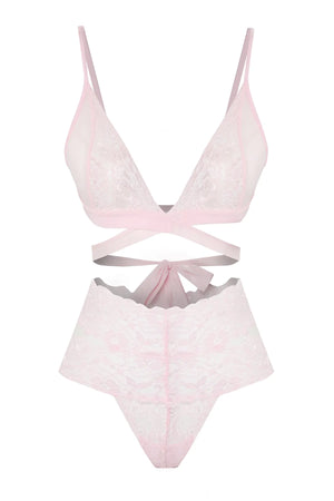 Light Pink Laced Tie Detailed Rope Strap Non-wired Coverless Knitted Underwear Set