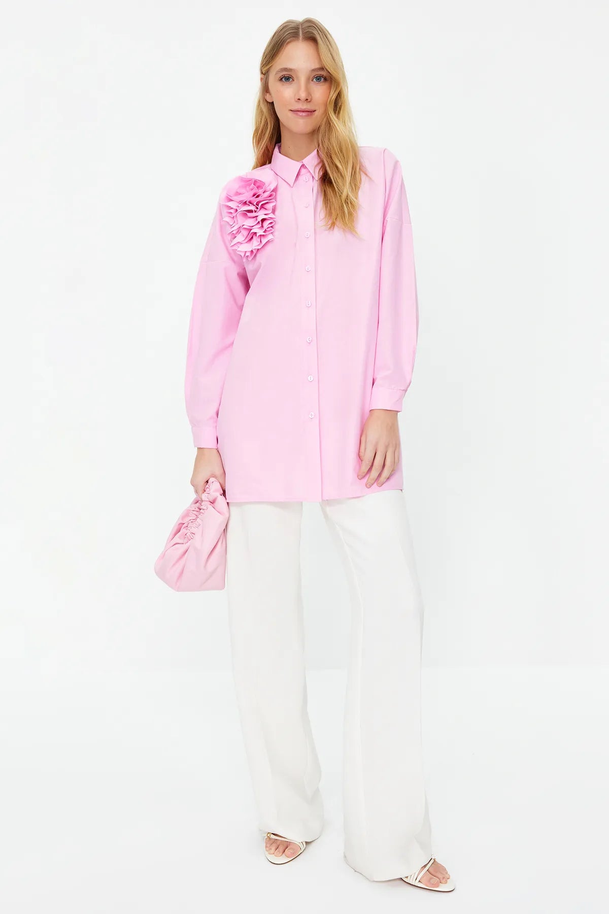 Pink Applique Flower Detailed Cotton Woven Shirt