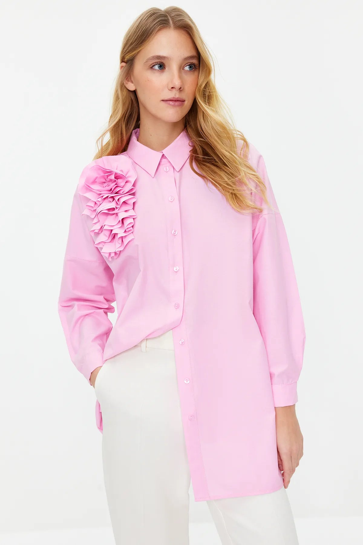 Pink Applique Flower Detailed Cotton Woven Shirt