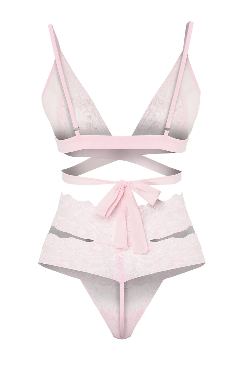 Light Pink Laced Tie Detailed Rope Strap Non-wired Coverless Knitted Underwear Set