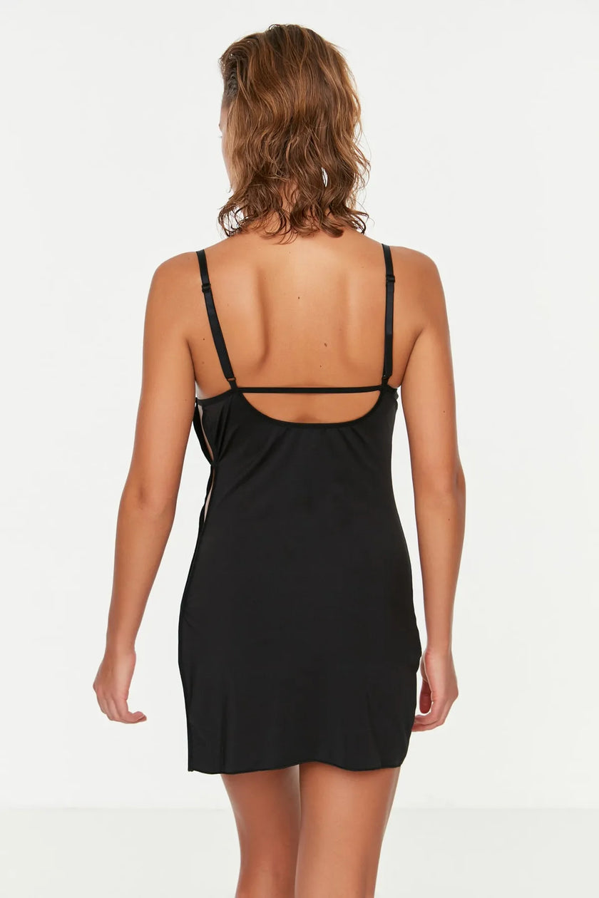 Black Lace and Window/Cut Out Detailed Rope Strap Knitted Babydoll