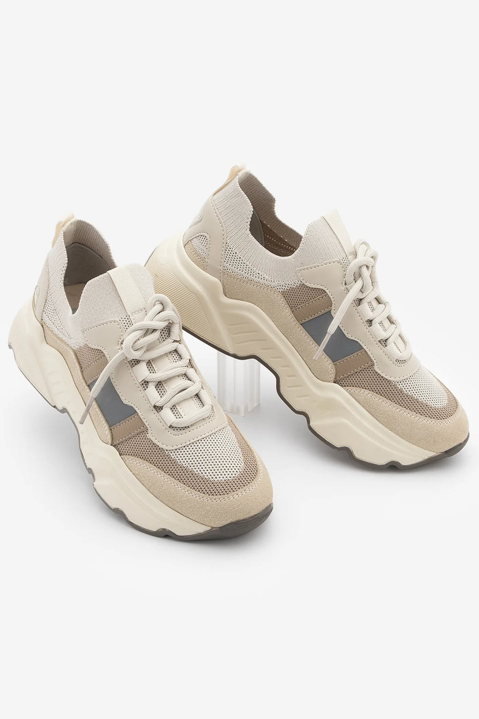 Volente Beige Suede Women’s Thick Sole Knit Sports Sneakers