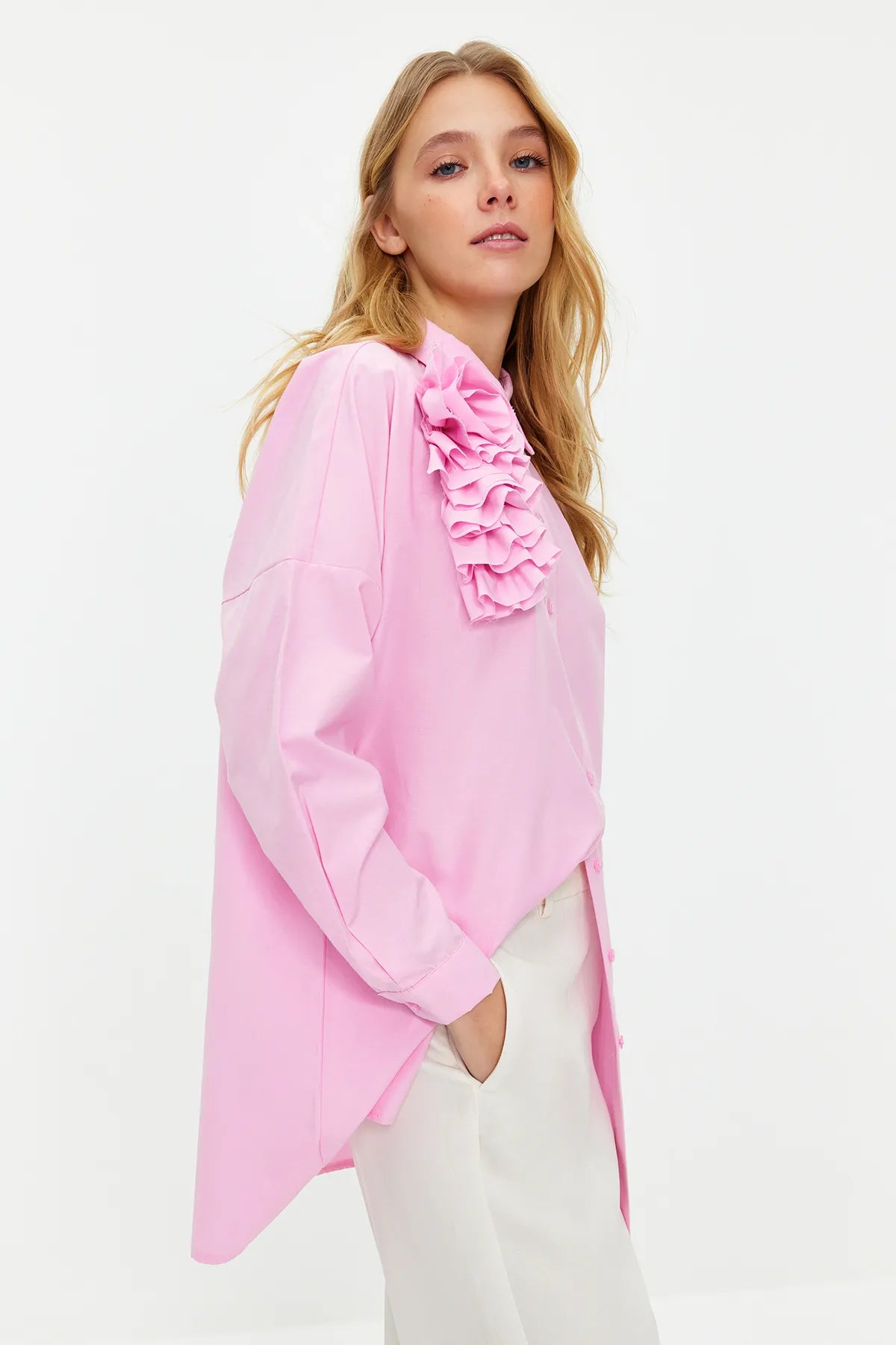 Pink Applique Flower Detailed Cotton Woven Shirt