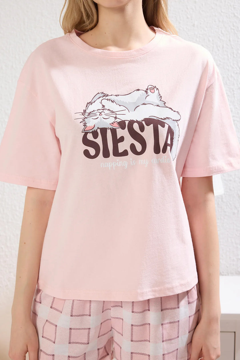 Pink 100% Cotton Cat Printed Plaid Shorts Knitted Pajama Set