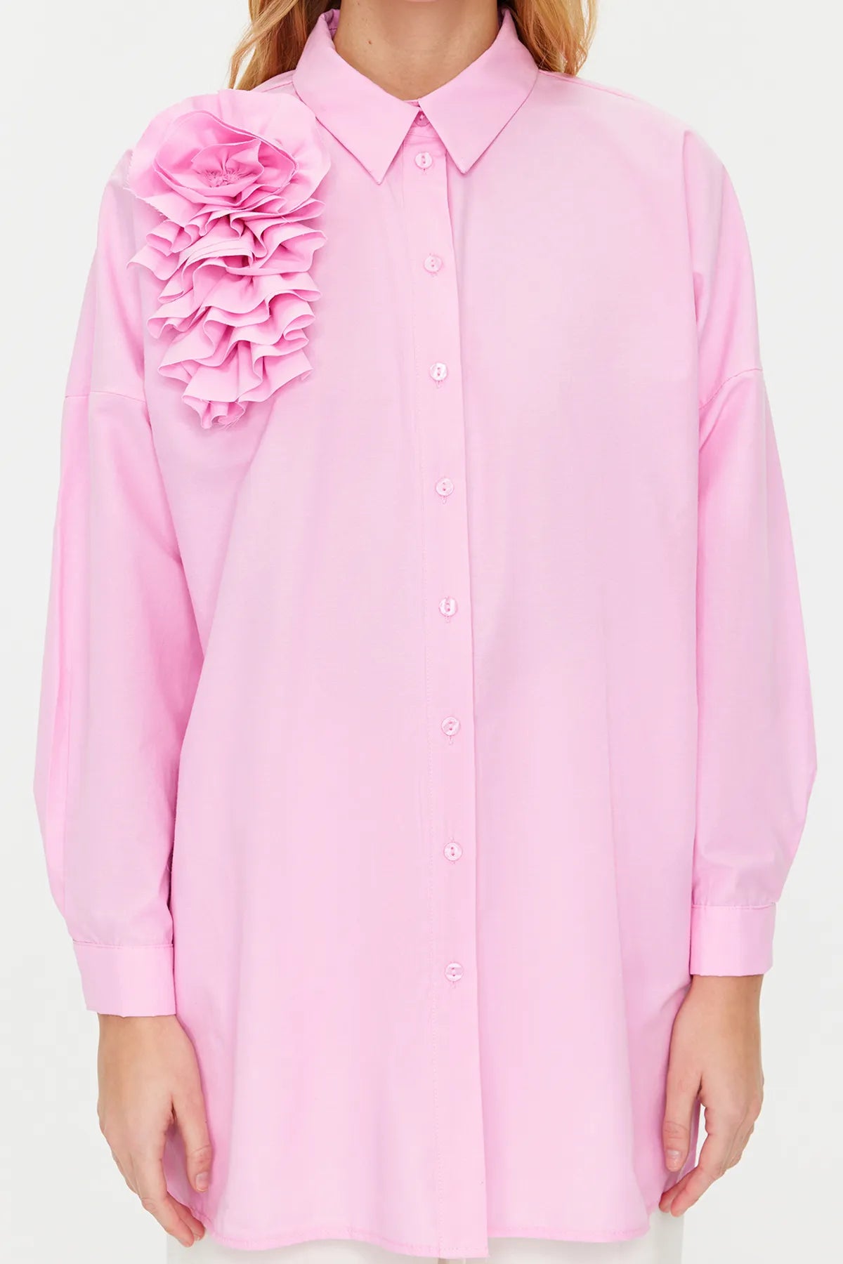 Pink Applique Flower Detailed Cotton Woven Shirt