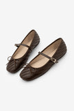 TEYRA Coffee Mary Jane Bow Detail Woven Pattern Square Toe Women’s Ballet Flats