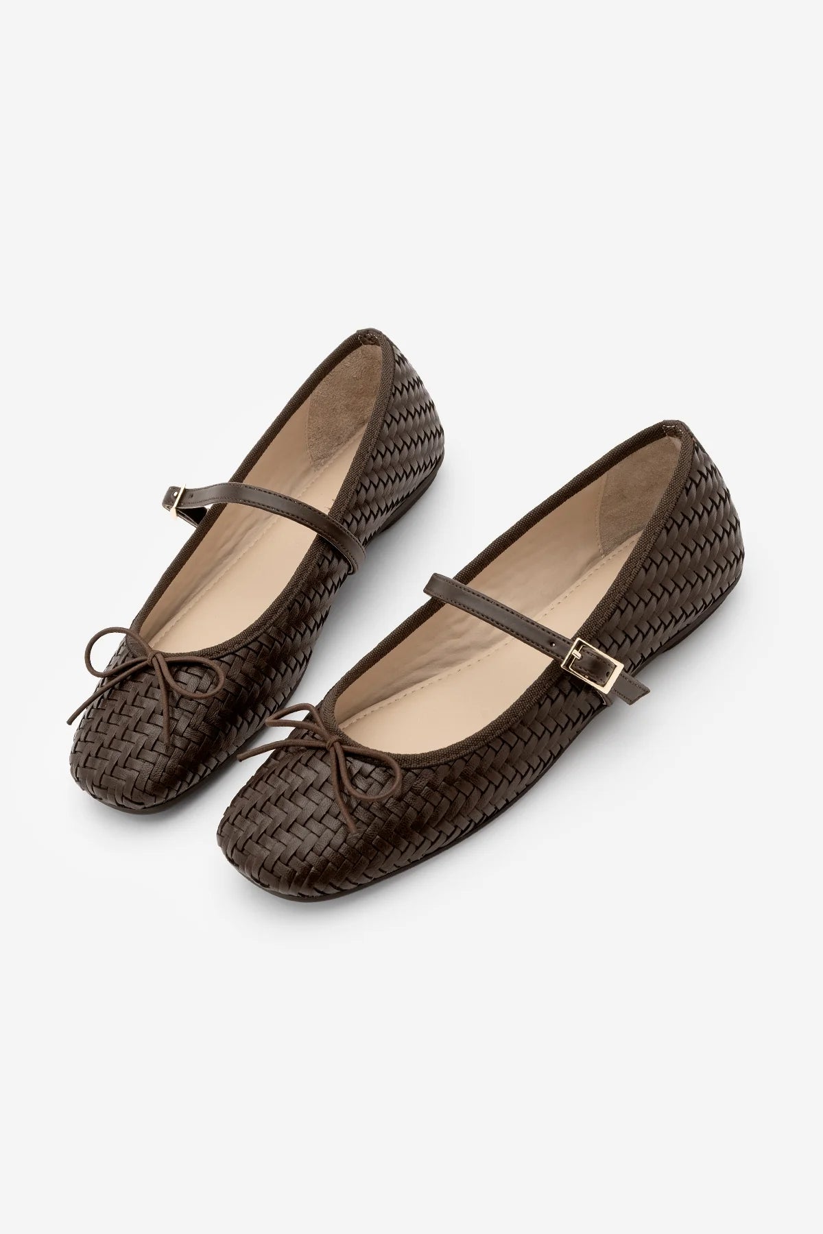 TEYRA Coffee Mary Jane Bow Detail Woven Pattern Square Toe Women’s Ballet Flats