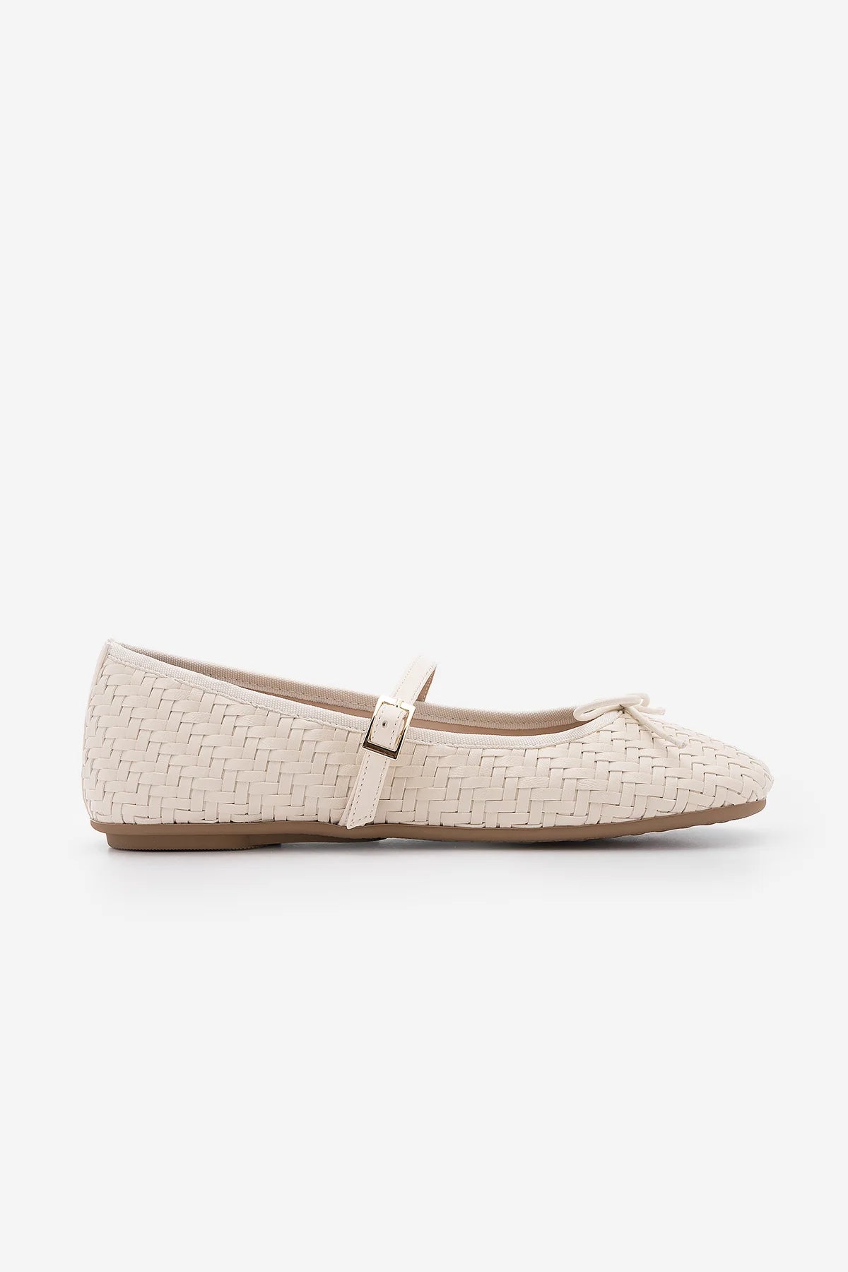 TEYRA Offwhite Mary Jane Bow Detail Woven Pattern Square Toe Women’s Ballet Flats