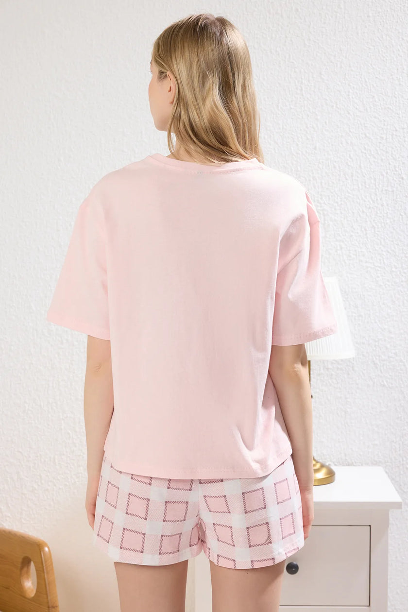 Pink 100% Cotton Cat Printed Plaid Shorts Knitted Pajama Set